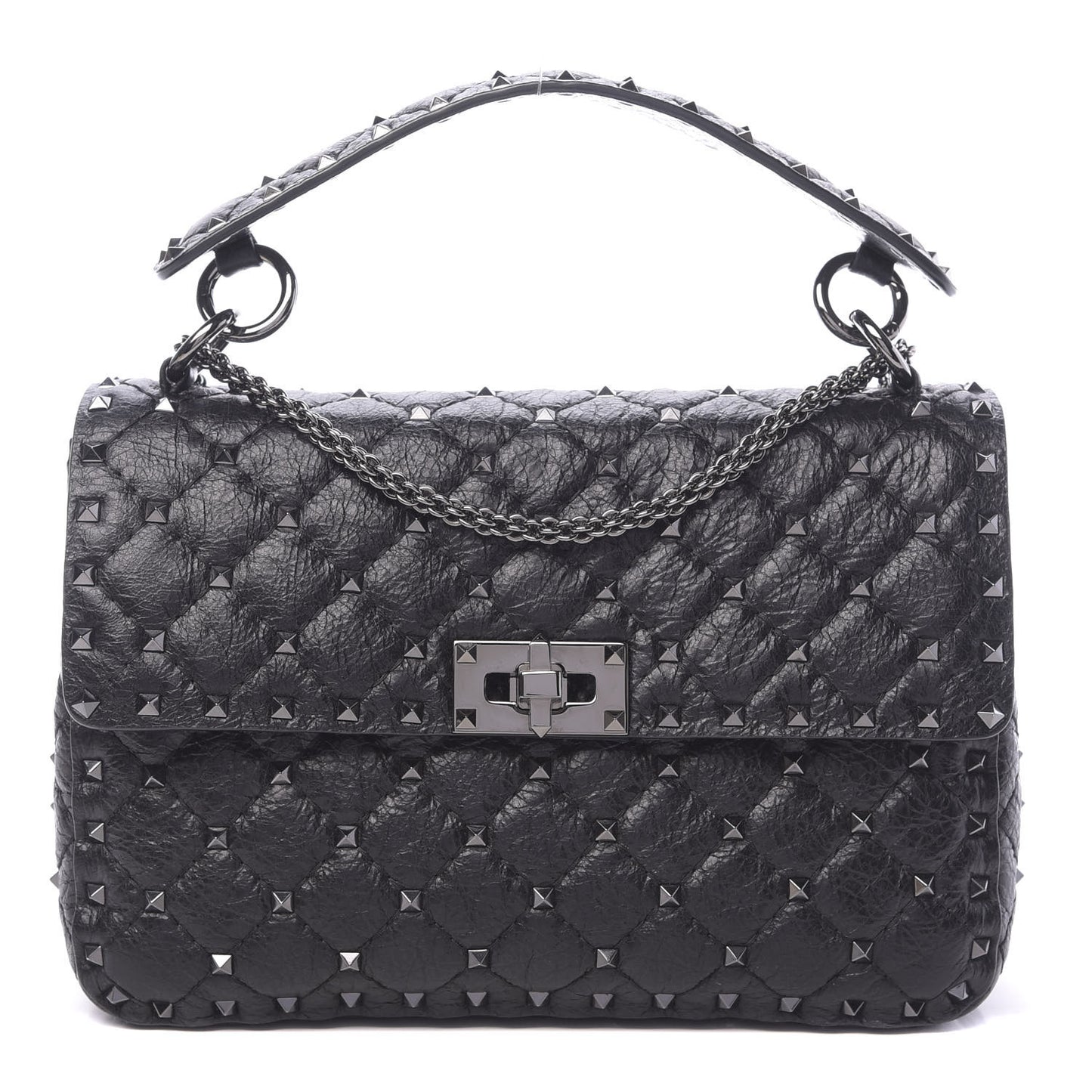 Craquele Nappa Medium Rockstud Spike Shoulder Bag Black