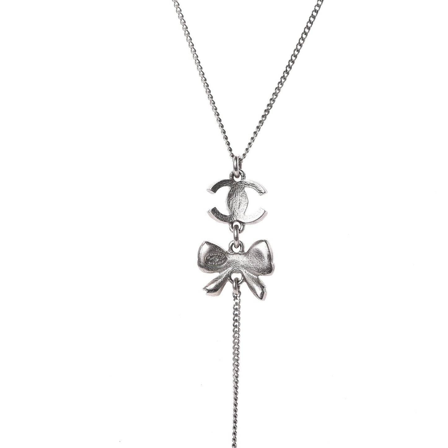 Crystal Resin CC Bow Drop Necklace Silver