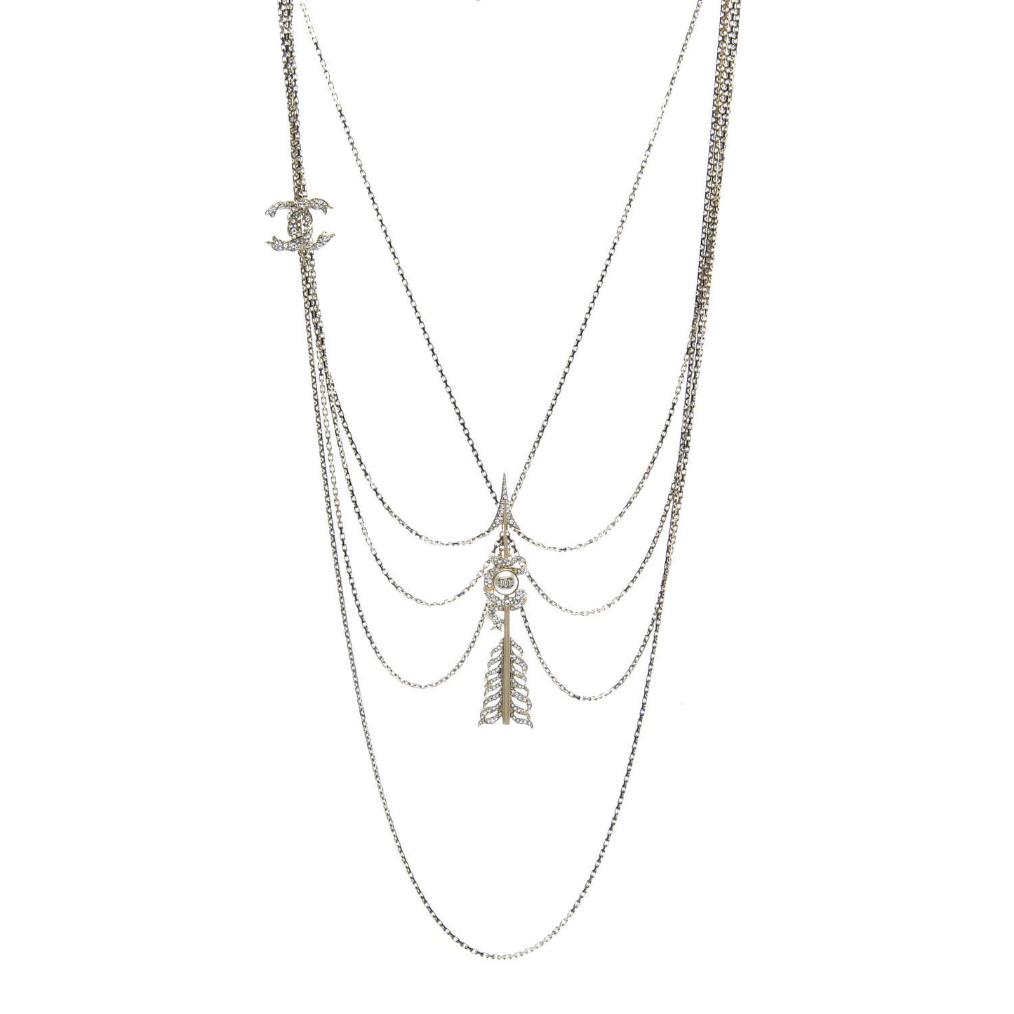 Crystal Pearl Multi Strand Chain CC Arrow Necklace Gold