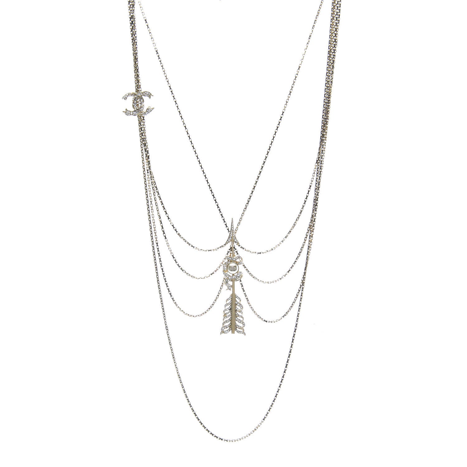 Chanel Crystal Pearl Multi Strand Chain CC Arrow Necklace Gold 1 of 5