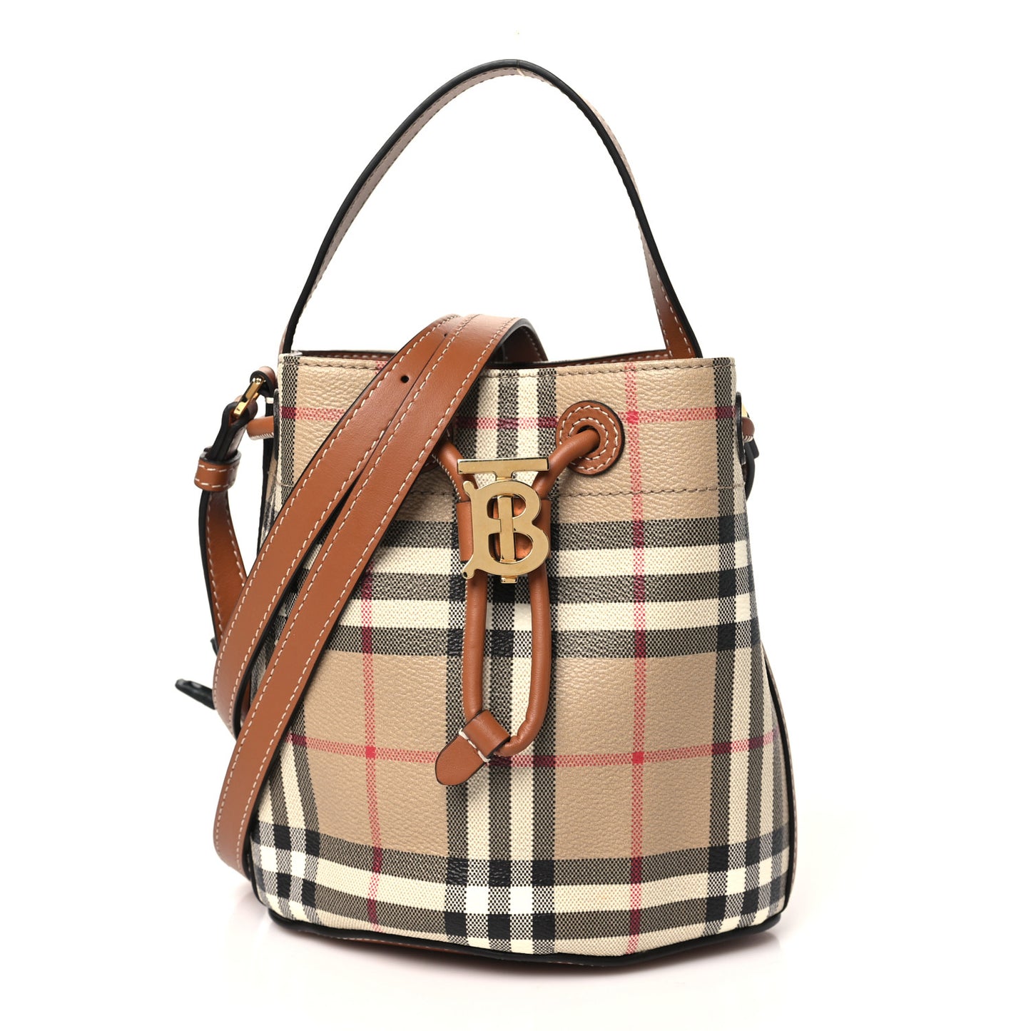 E-Canvas Vintage Check Mini Drawstring Bucket Bag Briar Brown