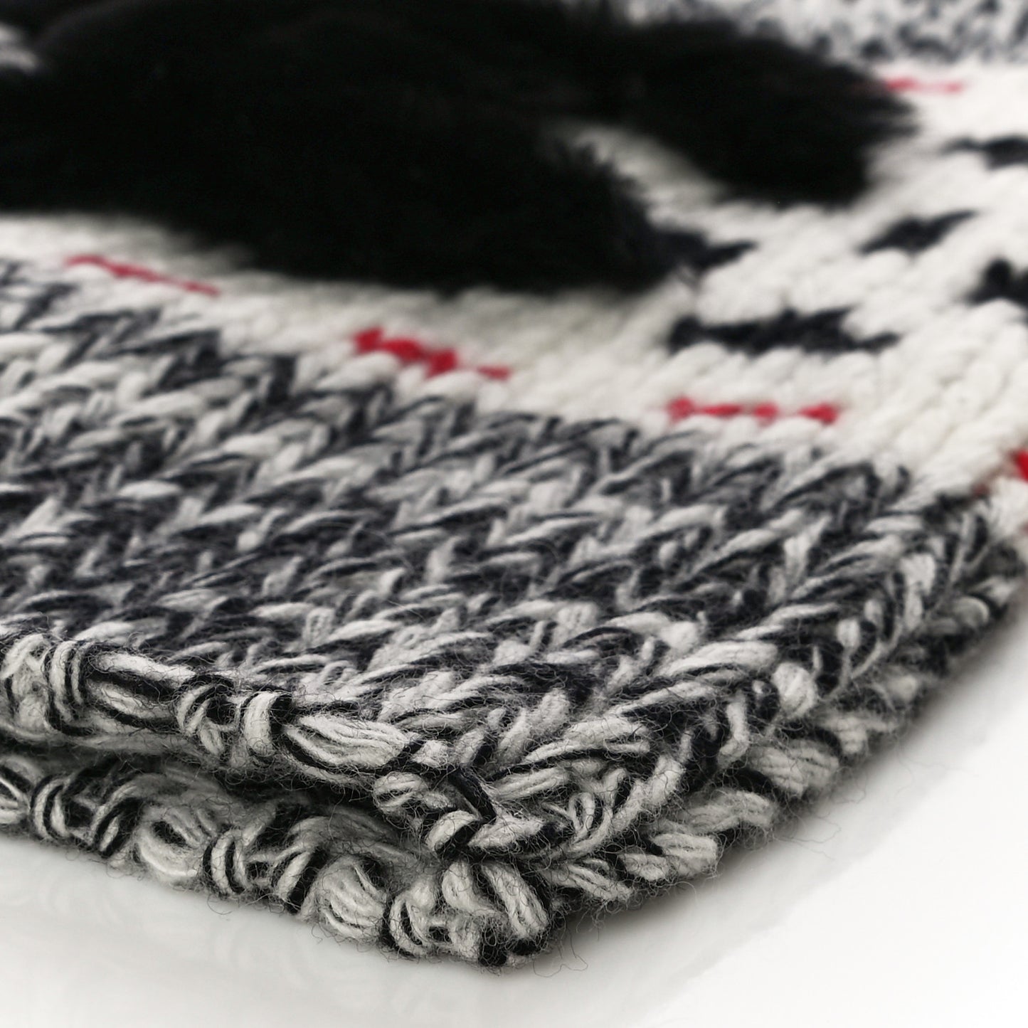 Wool Shearling CC Beanie Hat Ivory Black Red