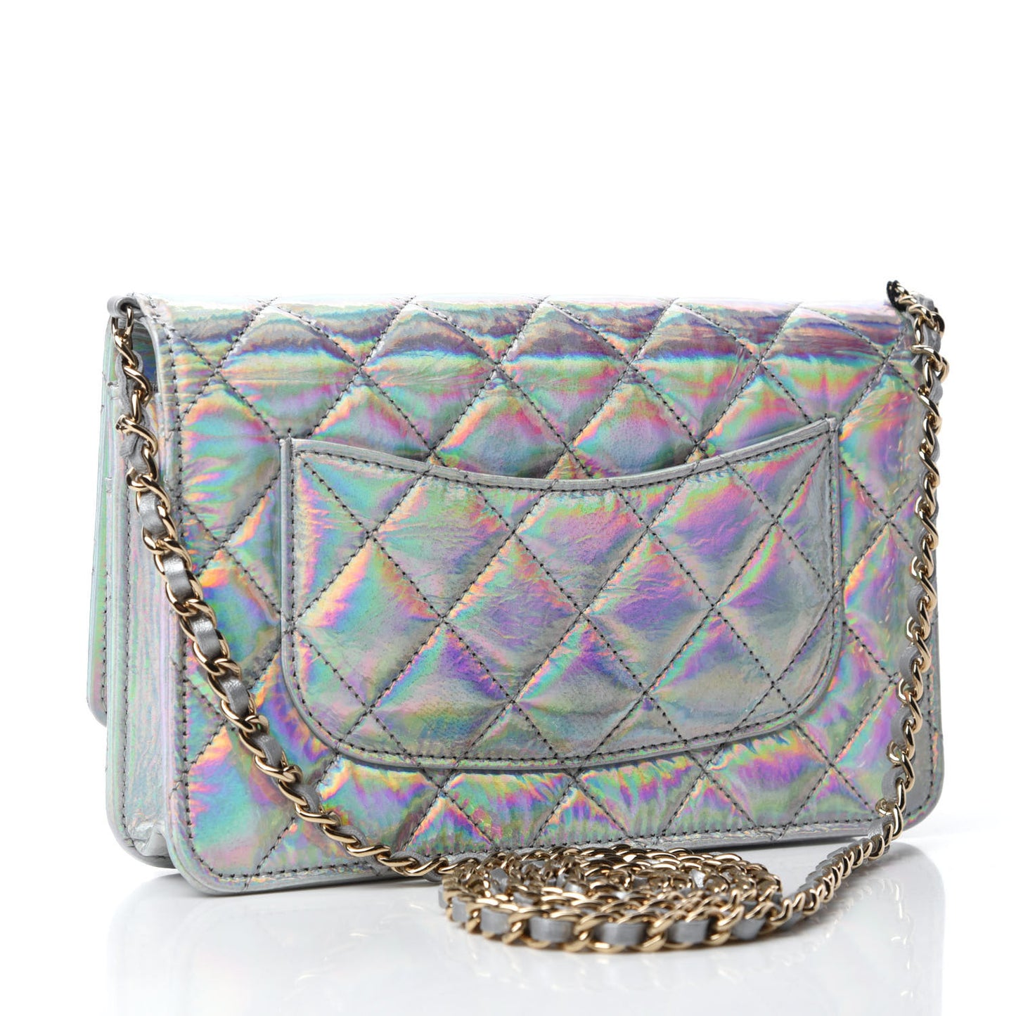 Iridescent Goatskin Quilted Wallet On Chain WOC Silver