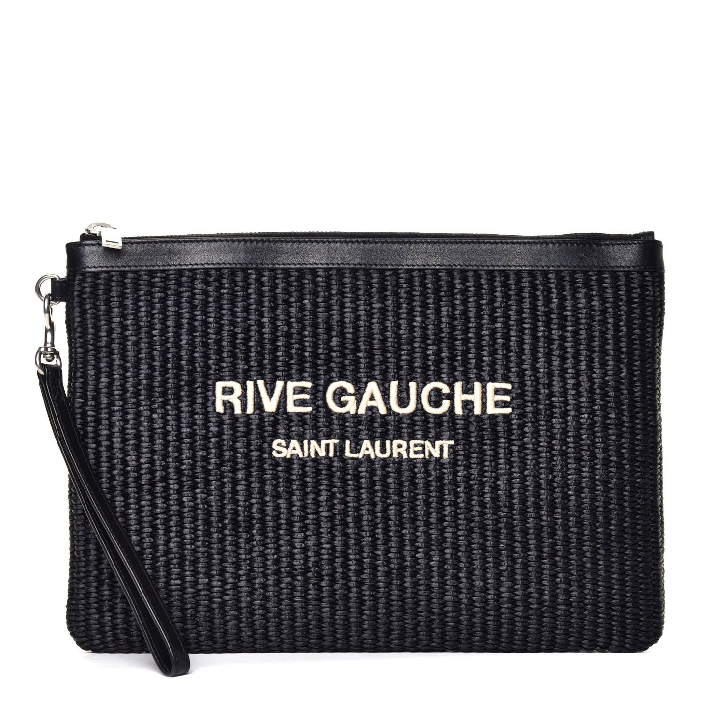 Raffia Linen Calfskin Rive Gauche Zipped Pouch Black