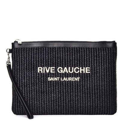 Saint Laurent Raffia Linen Calfskin Rive Gauche Zipped Pouch Black 1 of 4