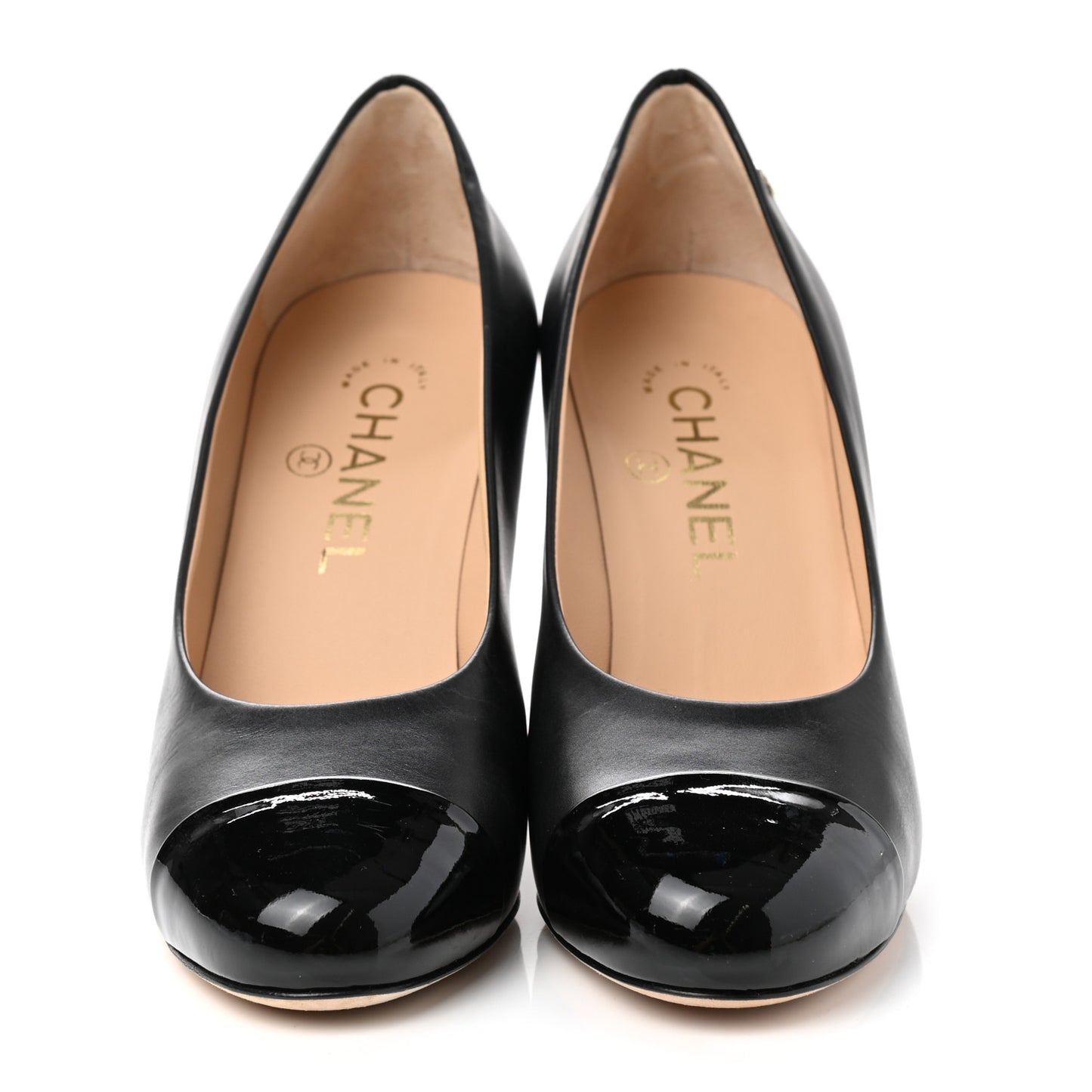 Lambskin Patent Calfskin Cap Toe CC Pumps 36 Black