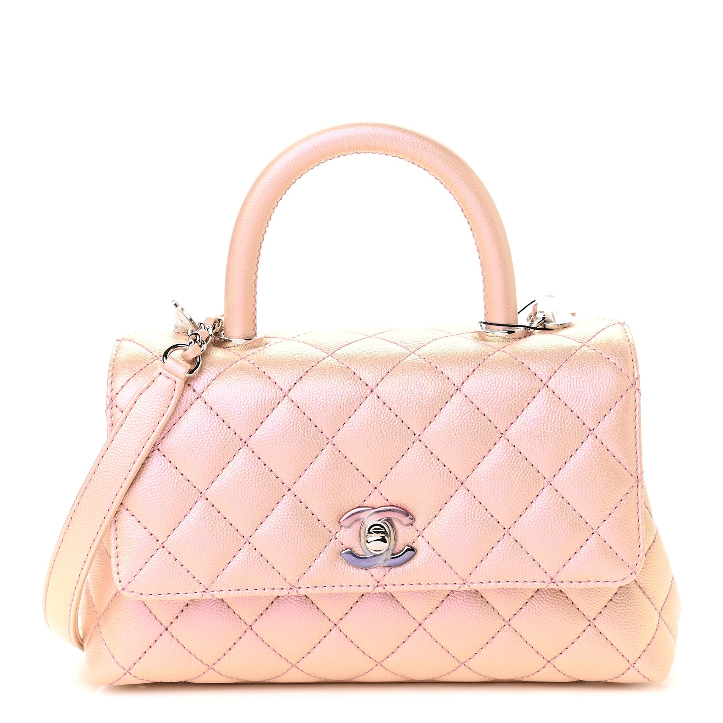 Iridescent Caviar Quilted Mini Coco Handle Flap Pink