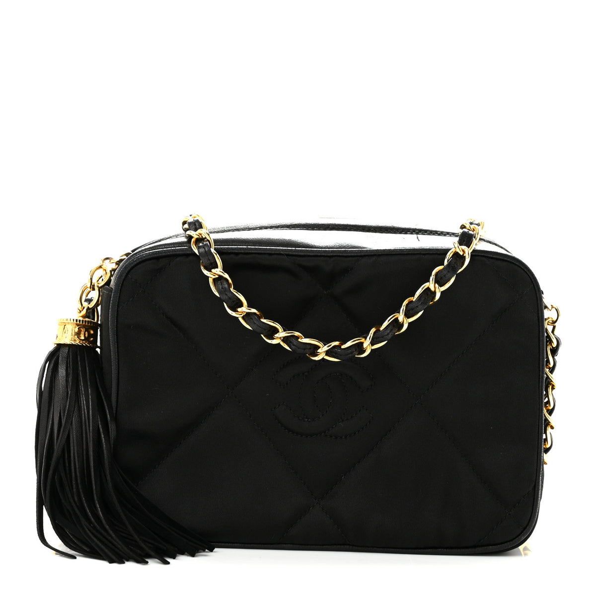 Satin Quilted Tassel Camera Case Black