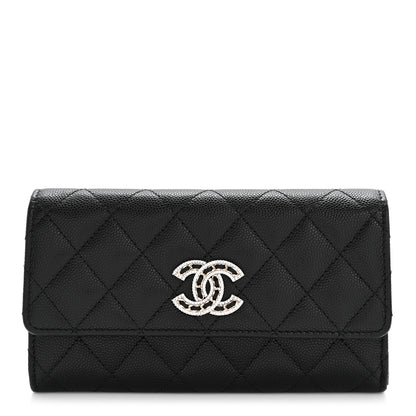 Chanel Caviar Quilted Crystal CC Large Gusset Flap Wallet Black 1 of 8