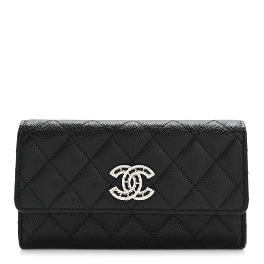 Caviar Quilted Crystal CC Large Gusset Flap Wallet Black