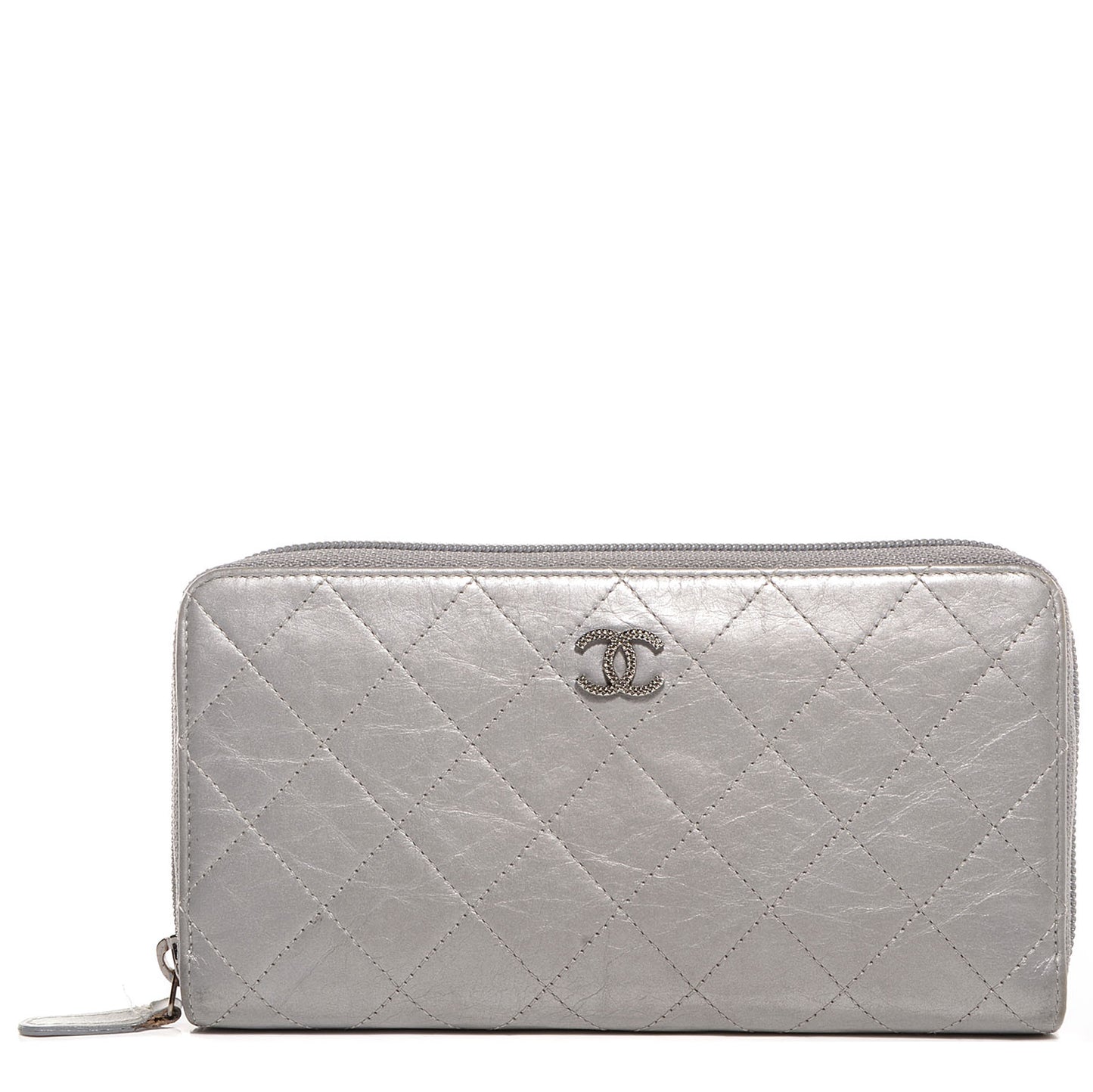 Calfskin Large Zip Around Wallet Silver
