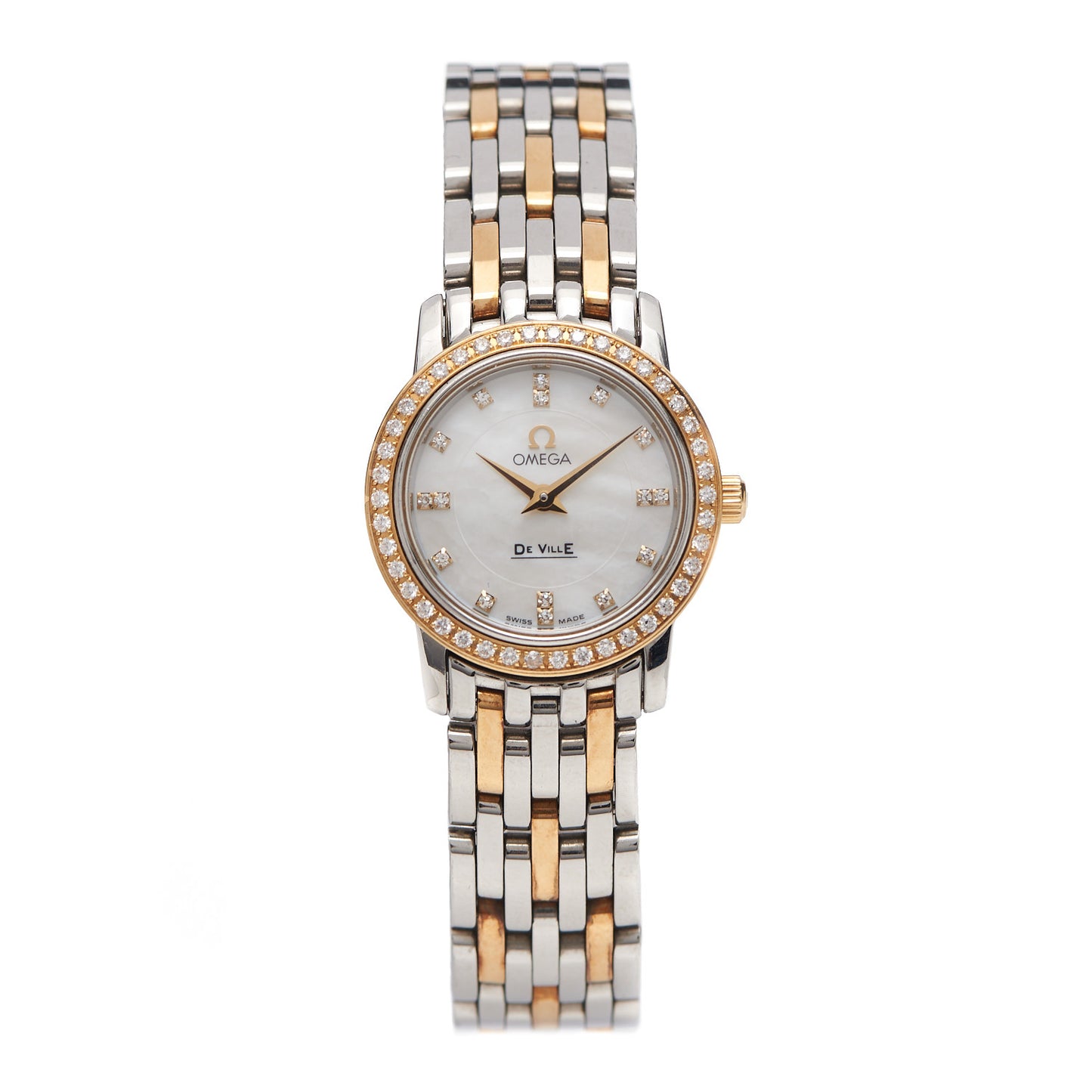 Stainless Steel 18K Yellow Gold Diamond Bezel Mother of Pearl 22mm De Ville Prestige Quartz Watch 4375.75.00