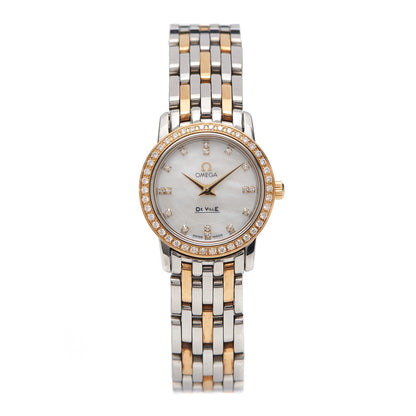 Omega Stainless Steel 18K Yellow Gold Diamond Bezel Mother of Pearl 22mm De Ville Prestige Quartz Watch 4375.75.00 1 of 6