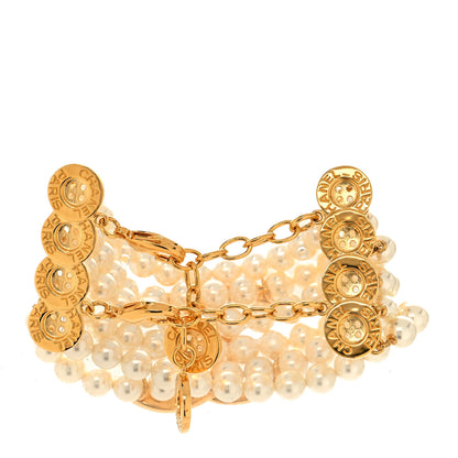 Chanel Pearl Metal CC Paris Button Multistrand Bracelet Gold White 3 of 5