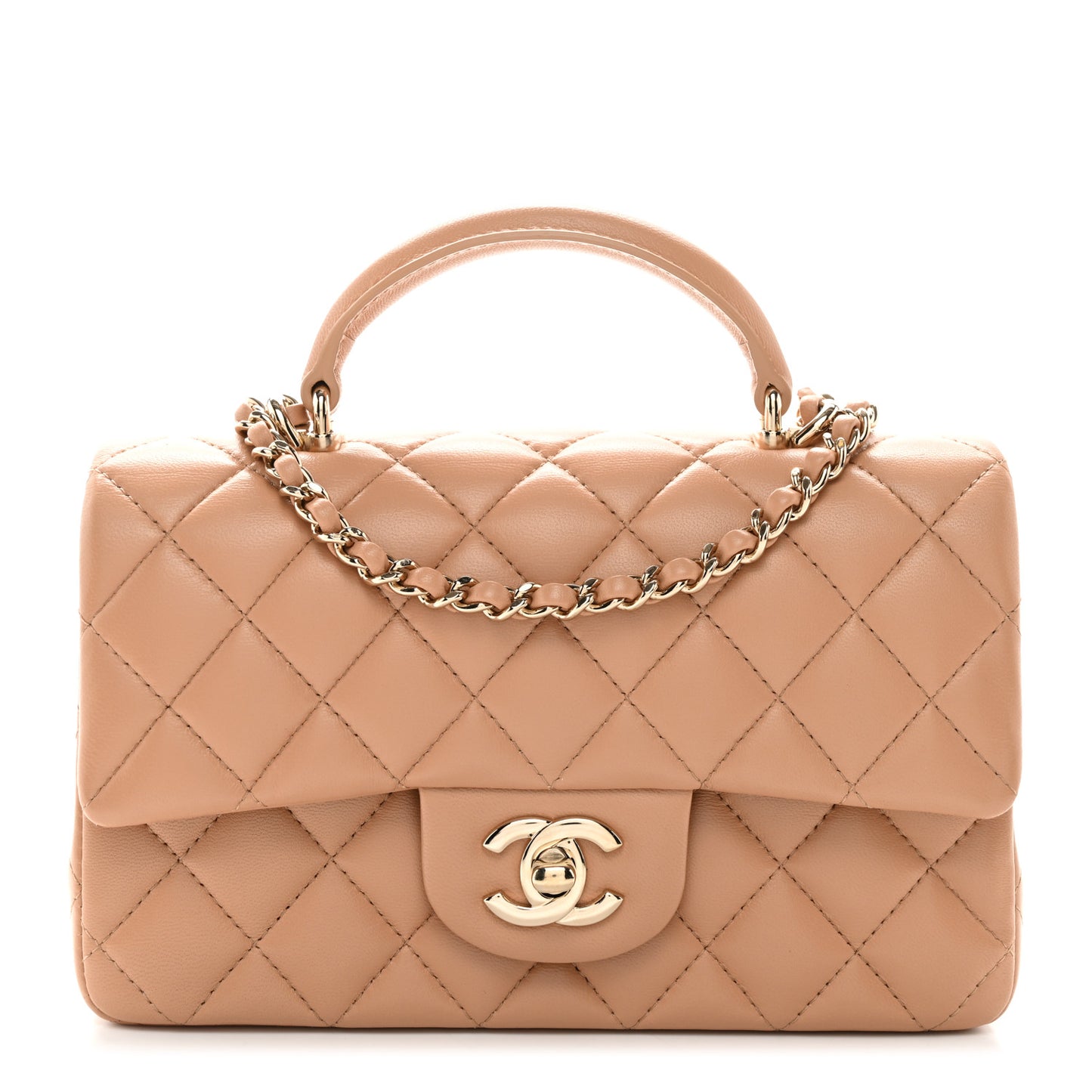 Lambskin Quilted Mini Top Handle Rectangular Flap Beige