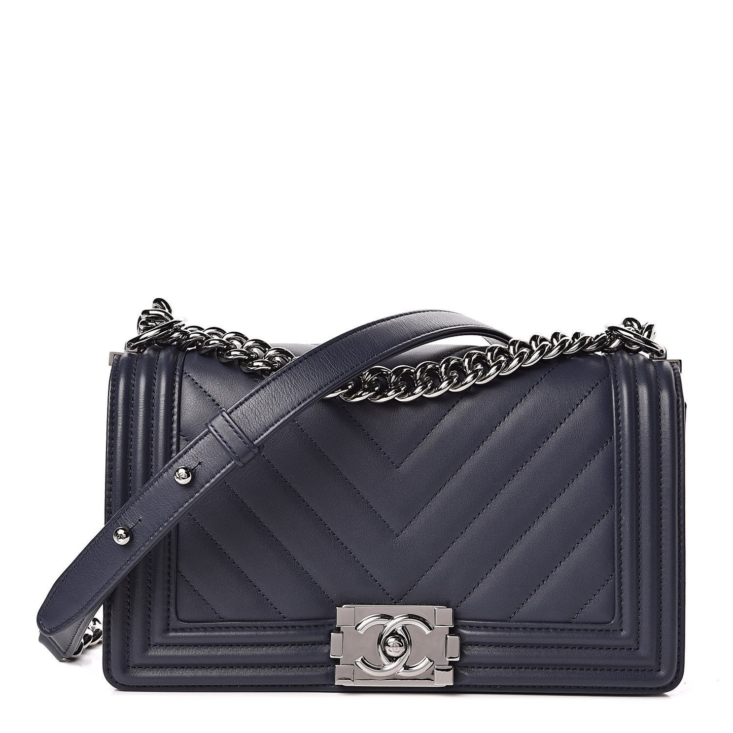 Calfskin Chevron Medium Boy Flap Navy