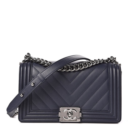 Chanel Calfskin Chevron Medium Boy Flap Navy 1 of 10
