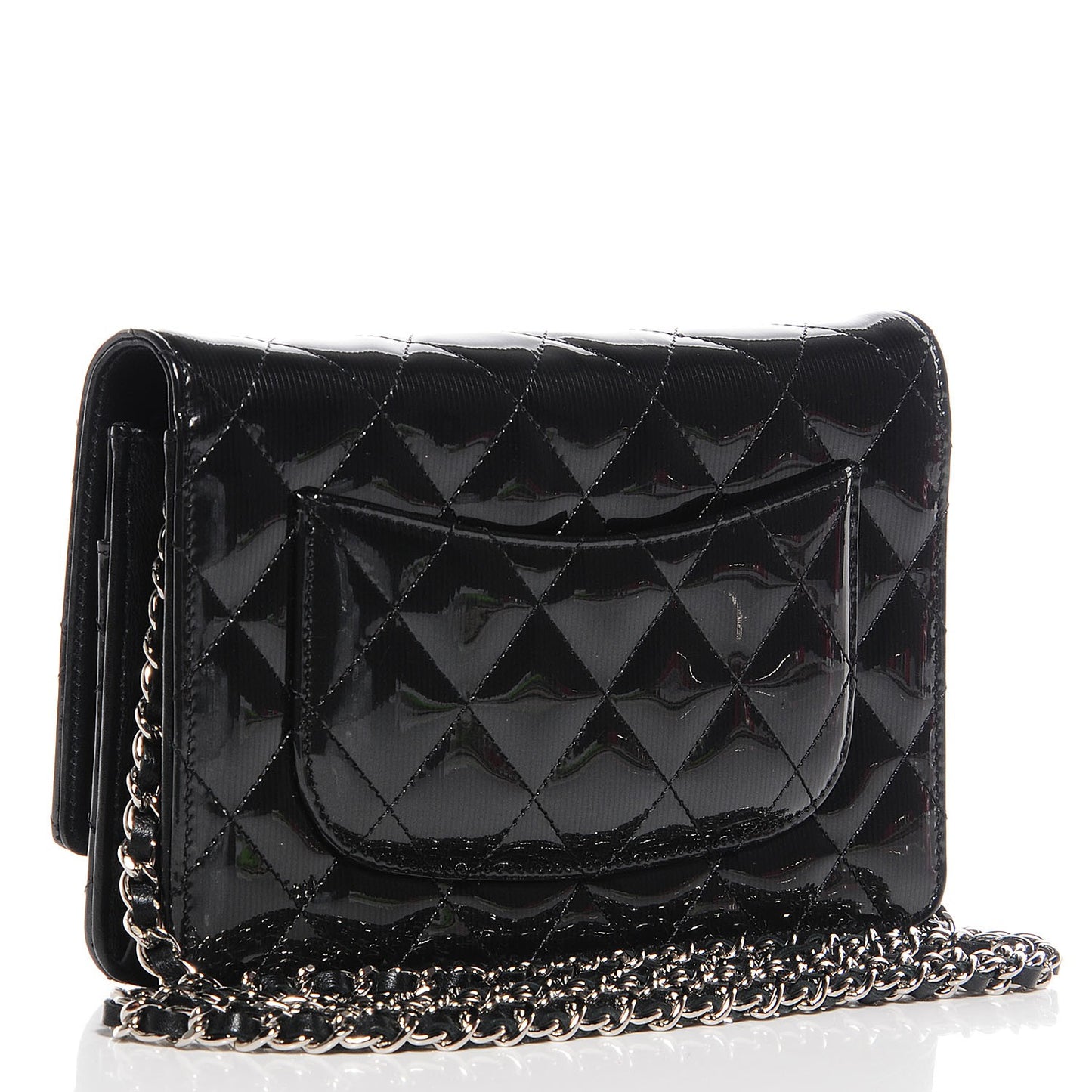 Striated Patent Quilted Wallet on Chain WOC Black