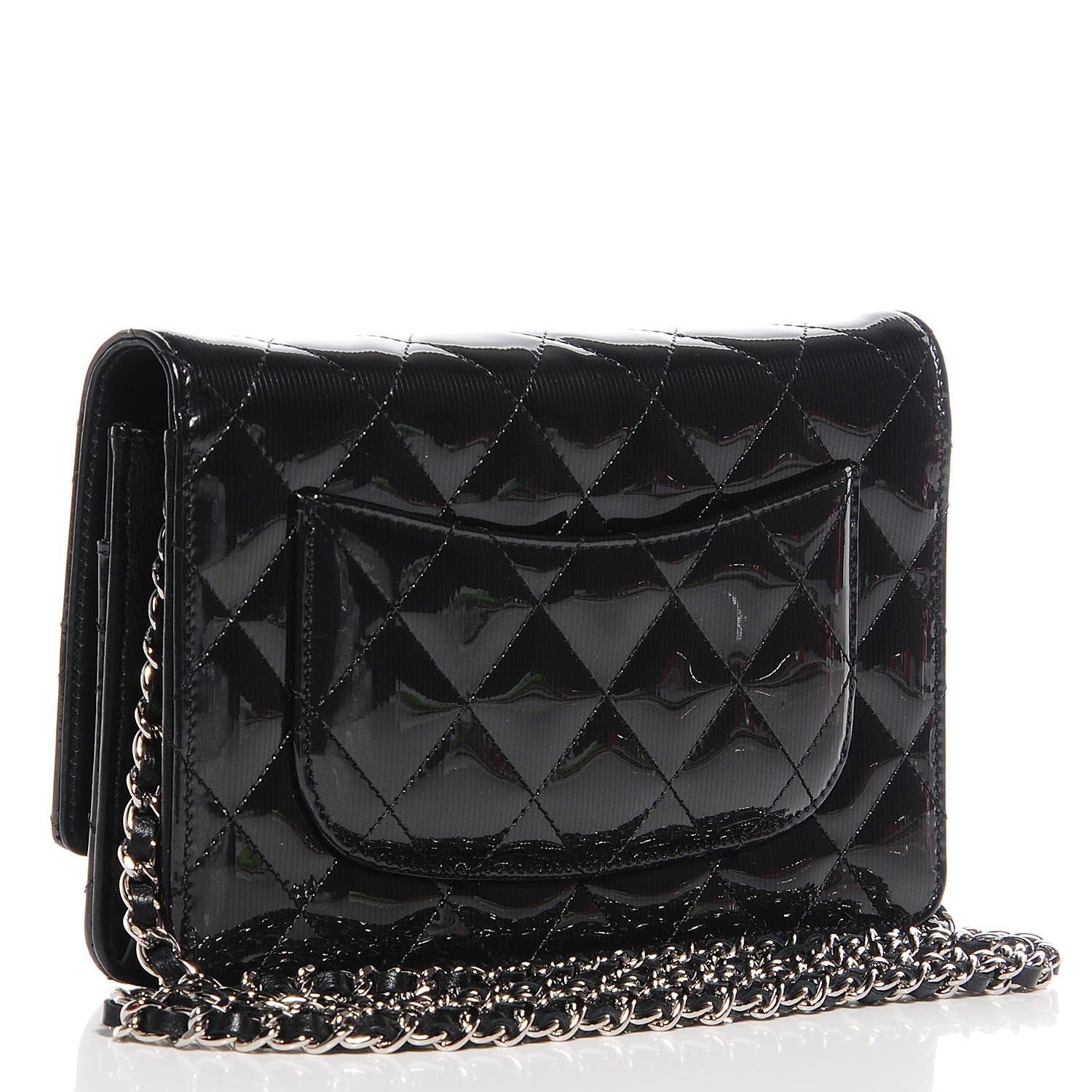 Chanel Striated Patent Quilted Wallet on Chain WOC Black 3 of 8