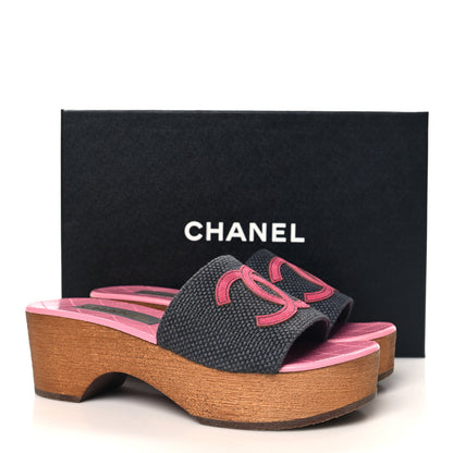 Chanel Fabric Suede Calfskin Wooden CC Clogs  37 Dark Grey Fuchsia 10 of 10