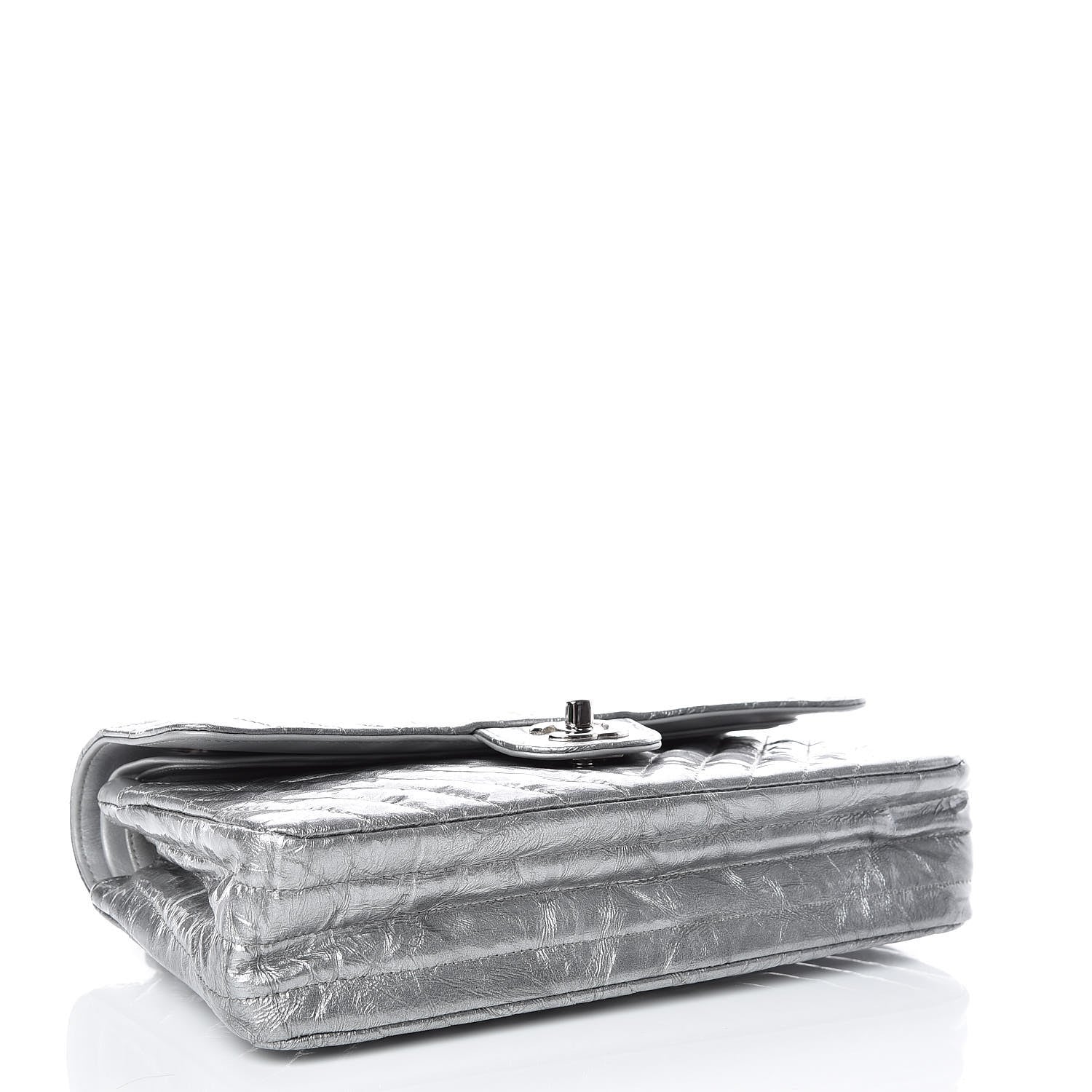 Chanel Metallic Crumpled Patent Chevron Quilted Medium Double Flap Silver 4 of 9