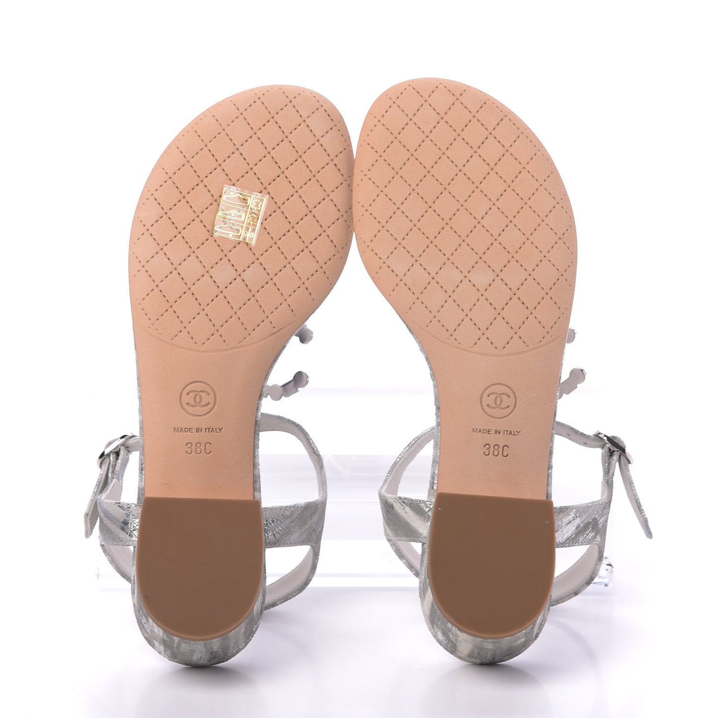 Laminated Suede Goatskin CC Thong Sandals 38 White Silver