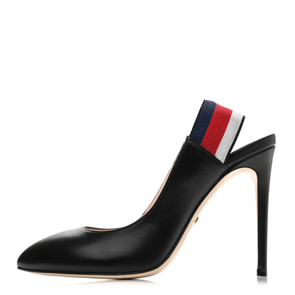 Gucci Malaga Kid Web Sylvie High Heel Slingback Pumps 37 Black 1 of 10