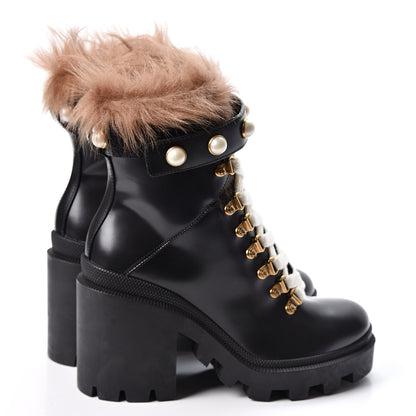 Gucci Magnum Calfskin Fur Pearl Lace Up Combat Ankle Boots 35 Black Naturale 4 of 8