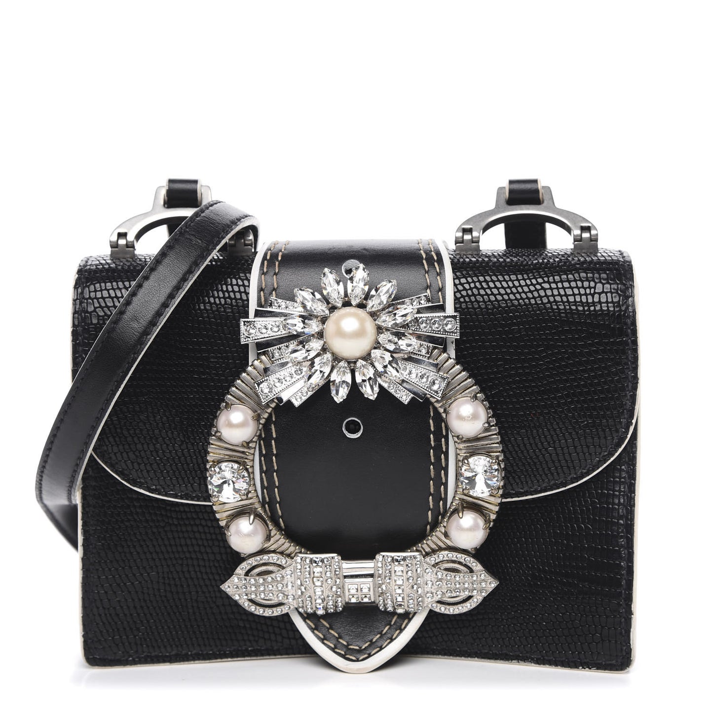 Embossed Lizard Calfskin Crystal Embellished Saint Lucertola Shoulder Bag Black