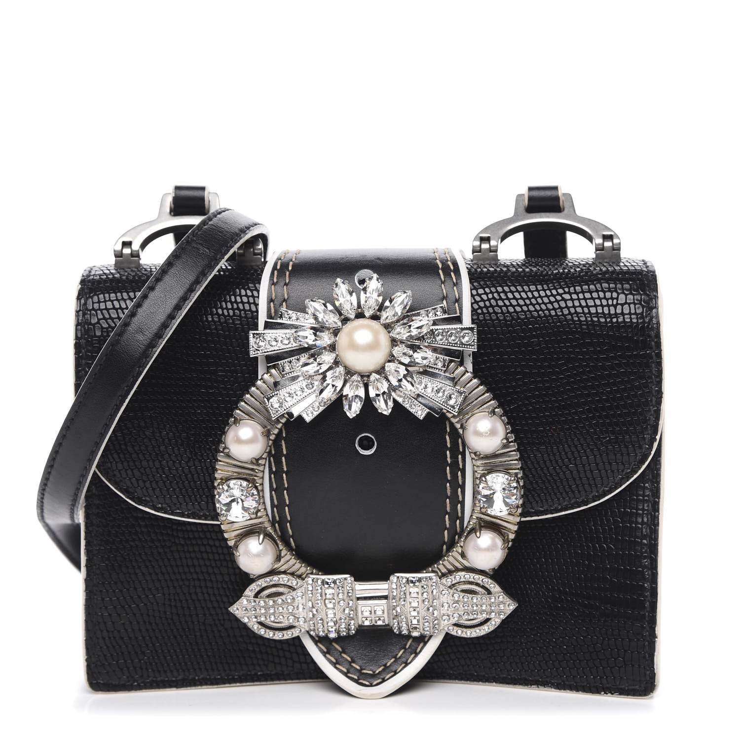 Miu Miu Embossed Lizard Calfskin Crystal Embellished Saint Lucertola Shoulder Bag Black 1 of 14