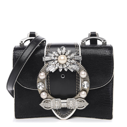 Miu Miu Embossed Lizard Calfskin Crystal Embellished Saint Lucertola Shoulder Bag Black 1 of 14