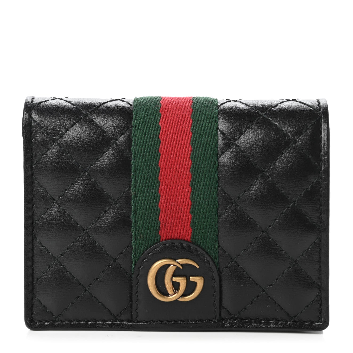 Gucci Calfskin Web Trapuntata GG Marmont Card Case Wallet Black 1 of 11