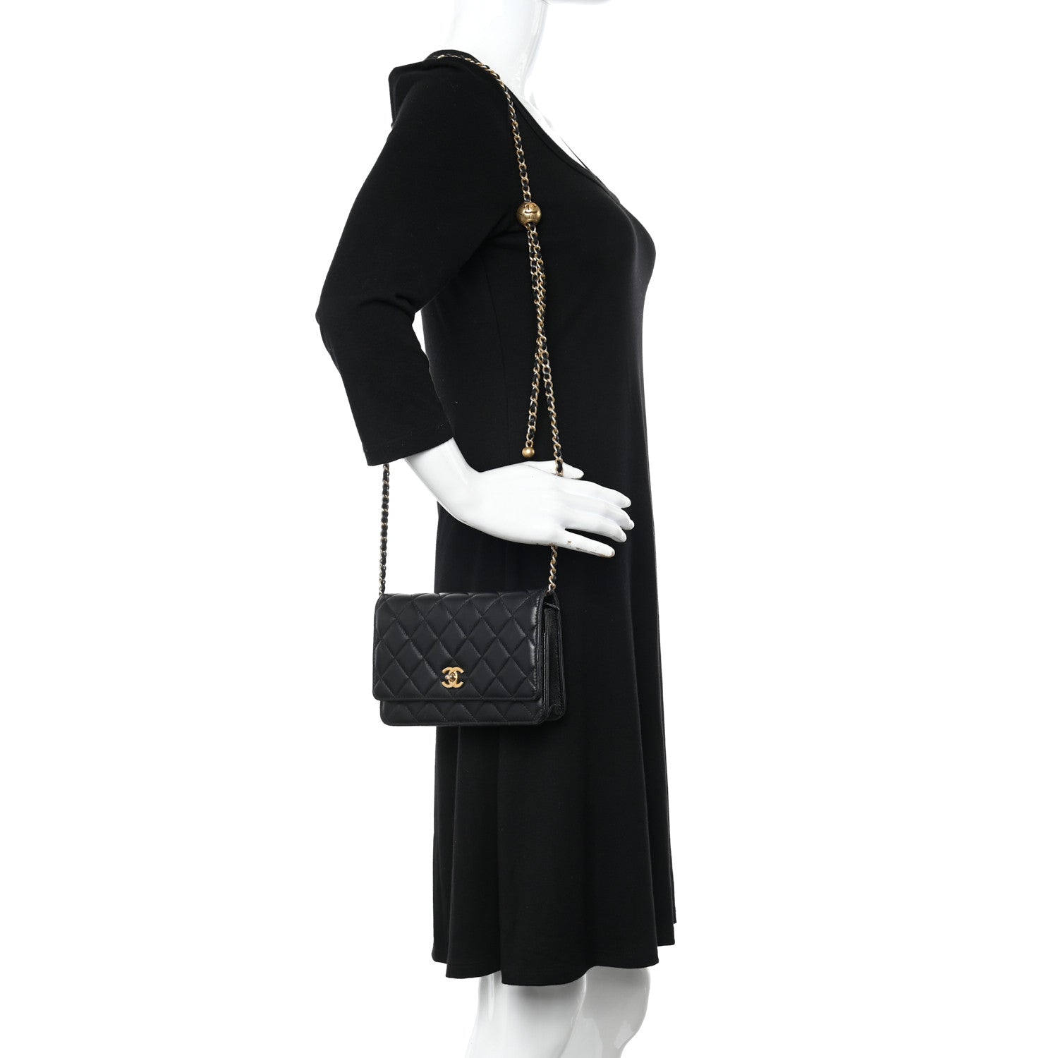 Chanel Lambskin Quilted CC Pearl Crush Wallet on Chain WOC Black 2 of 10