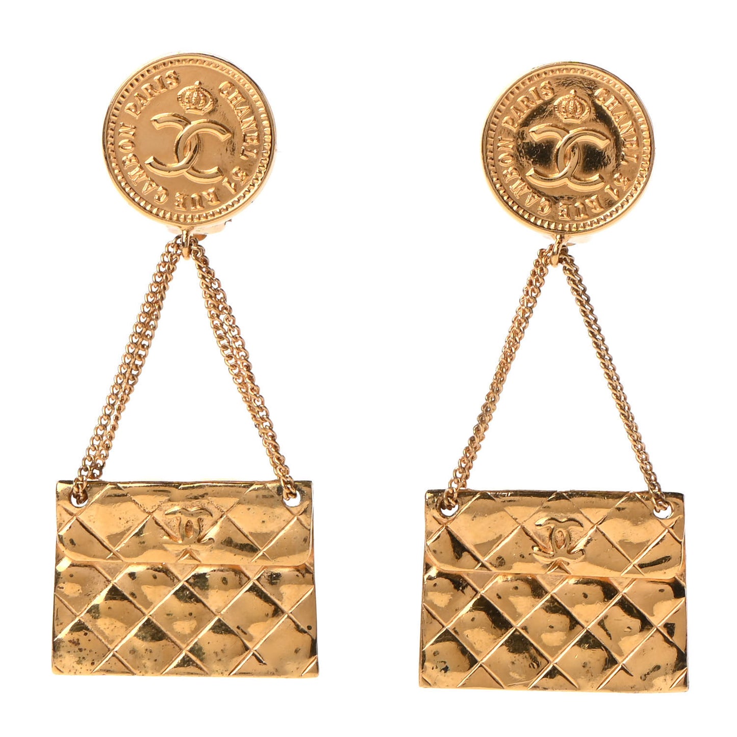 CC Quilted Flap Bag Drop Clip On Earrings Gold