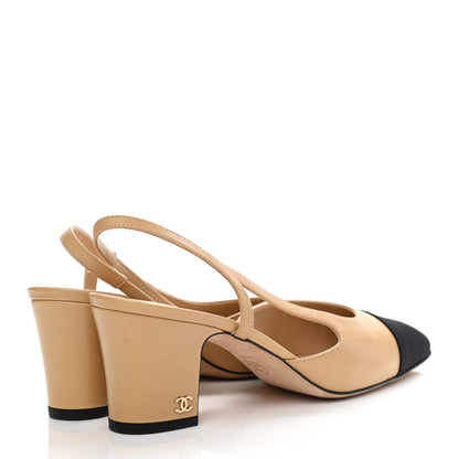 Chanel Goatskin Grosgrain Cap Toe CC Slingback Pumps 37.5 Beige Black 4 of 13