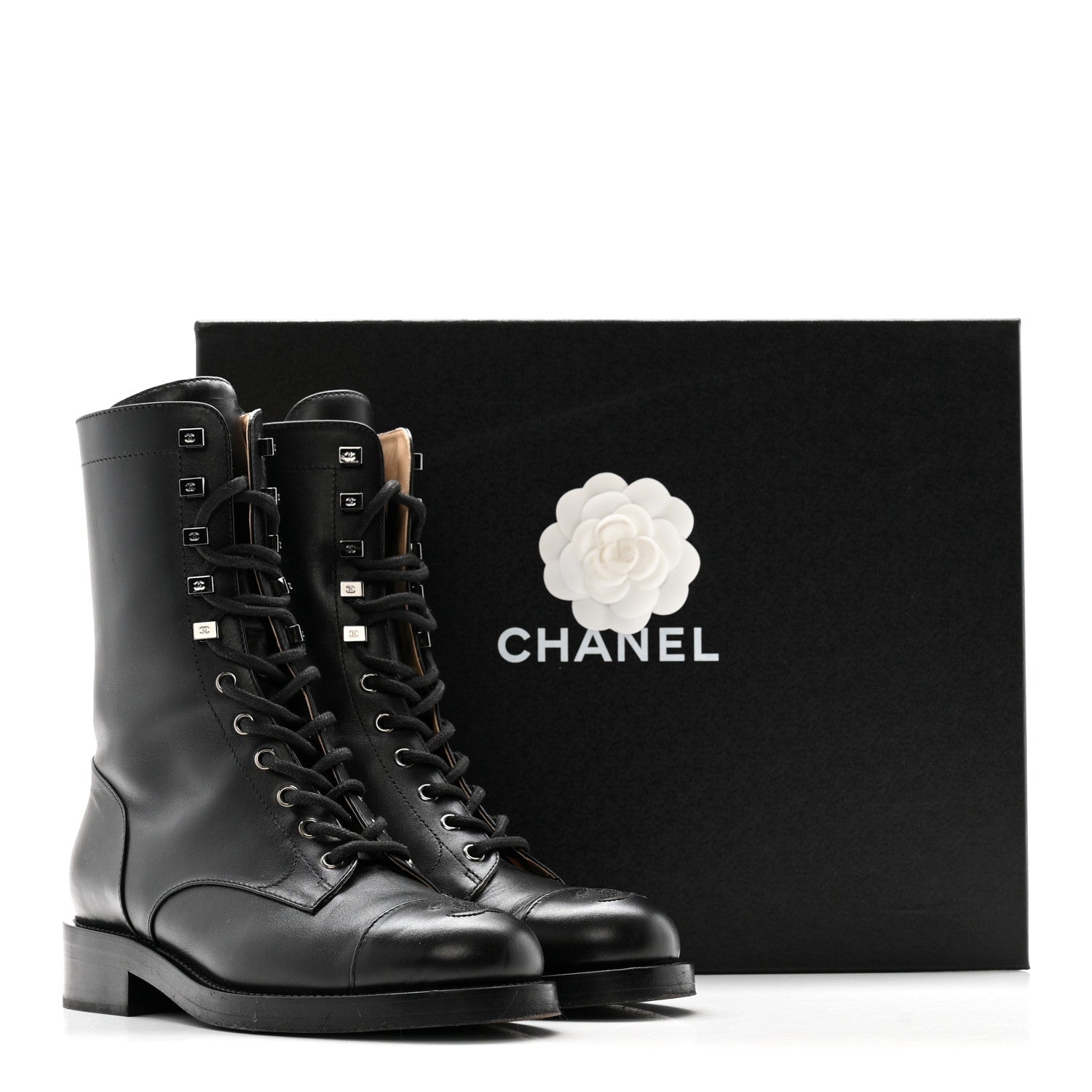 Chanel Calfskin Cap Toe Lace Up Combat Boots 38 Black 26 of 26
