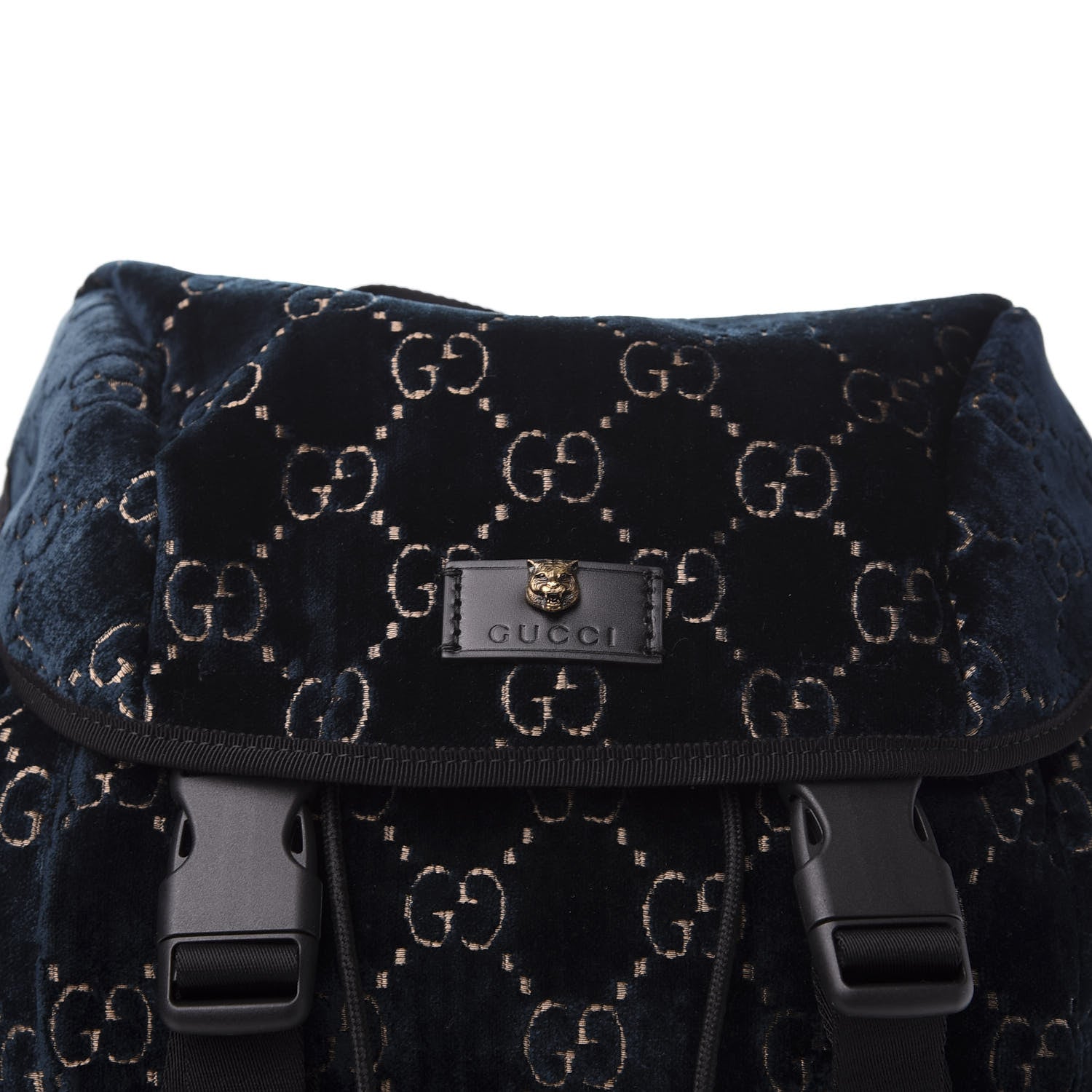 Gucci Velvet GG Monogram Web Medium Double Buckle Backpack Blue Beige Black 10 of 10