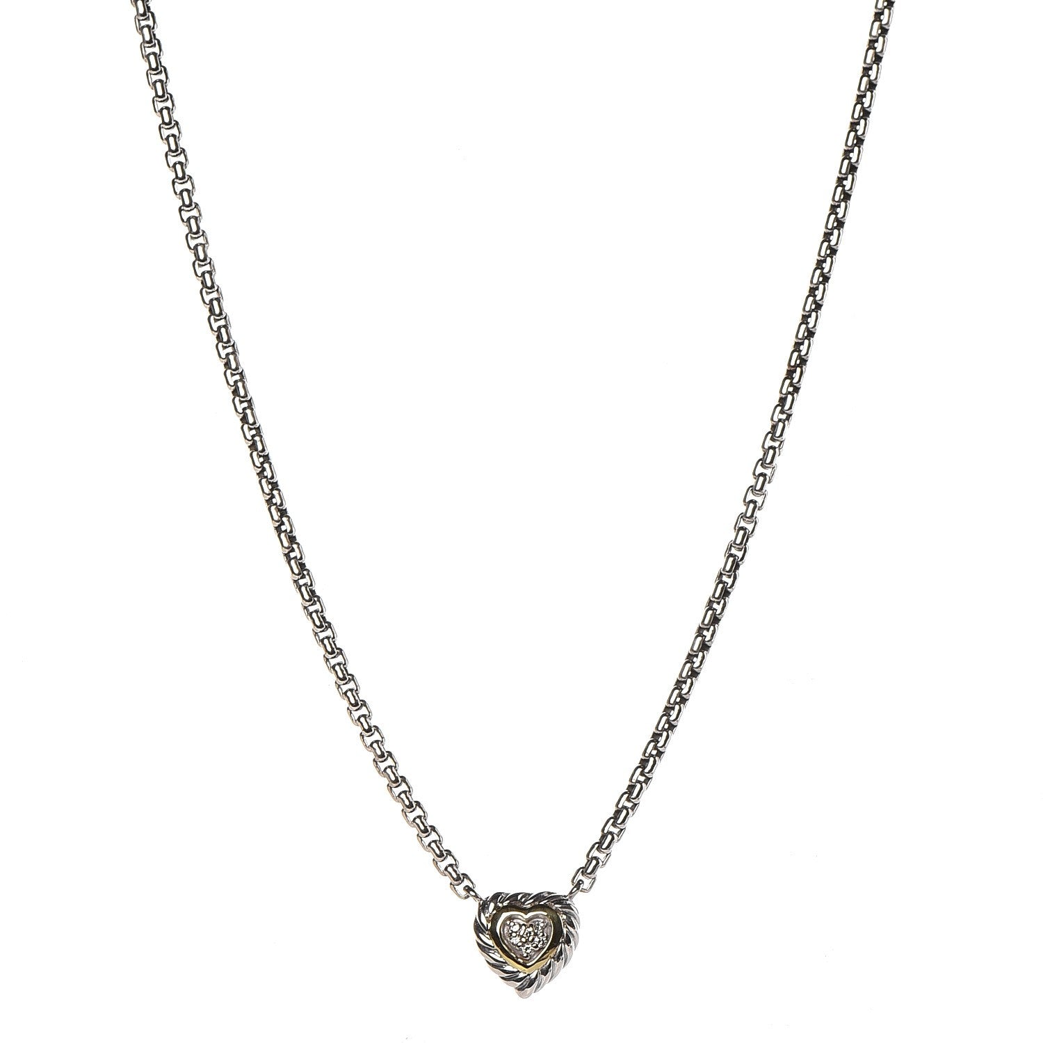 David Yurman Sterling Silver 18K Yellow Gold Diamond Pave Cable Heart Pendant Necklace 1 of 4