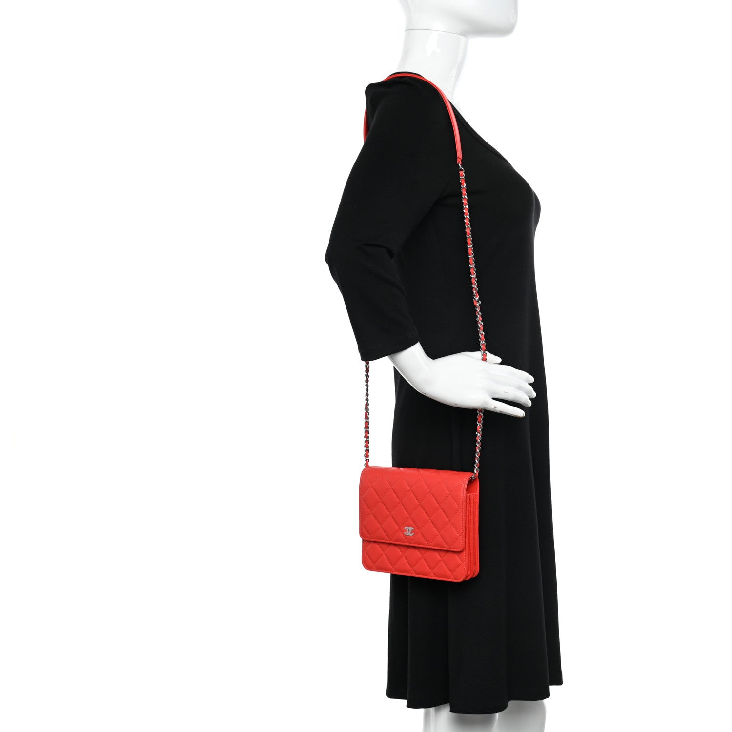 Chanel Lambskin Quilted Square Wallet On Chain WOC Red 2 of 12