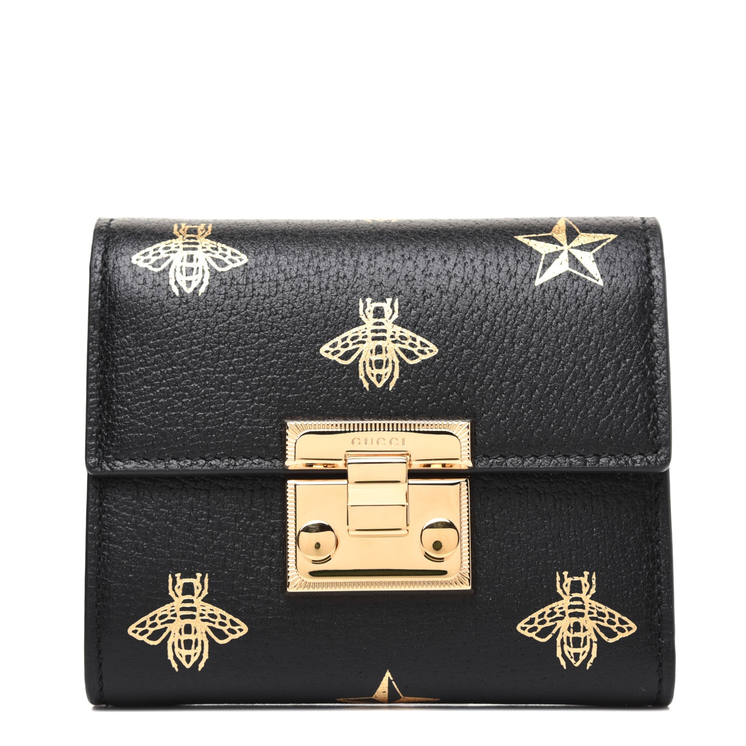Gucci Calfskin Bee Star Print Padlock Wallet Black 2 of 13
