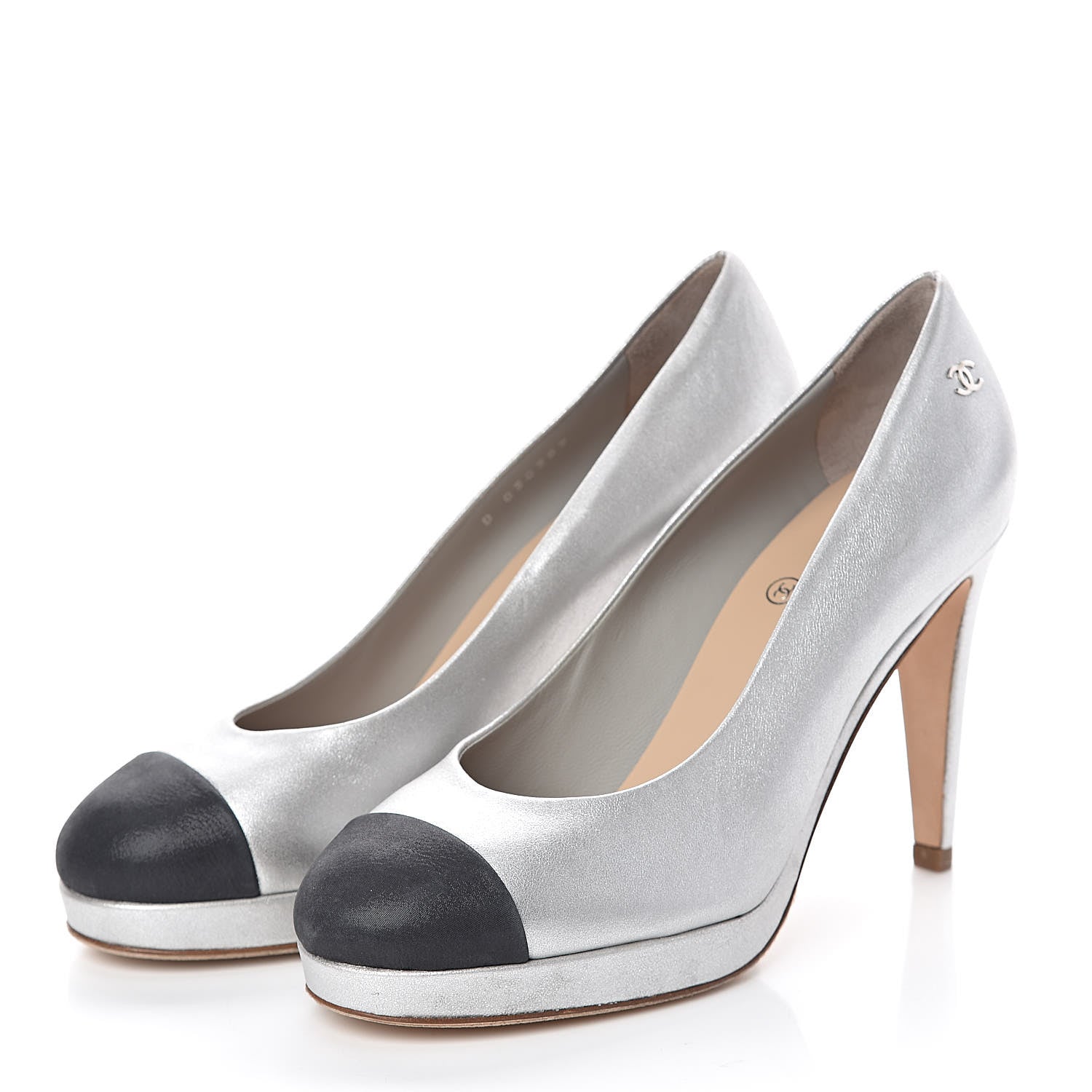 Chanel Metallic Calfskin Buffalo Cap Toe CC Pumps 37.5 Silver Black 3 of 8