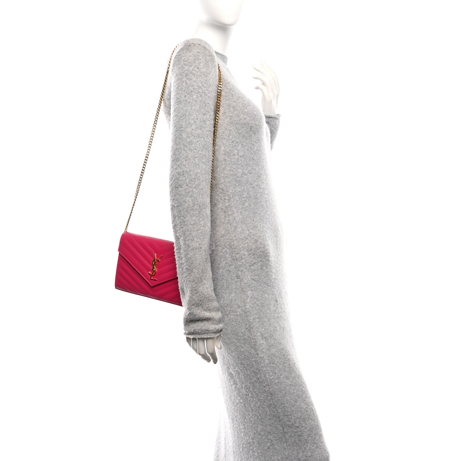 Saint Laurent Grain De Poudre Matelasse Chevron Monogram Chain Wallet Lipstick Fuchsia 2 of 11