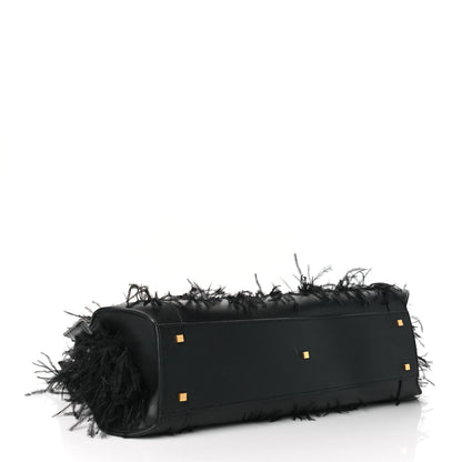 Valentino Garavani Calfskin Ostrich Feather Roman Stud VLogo Tote Black 4 of 9