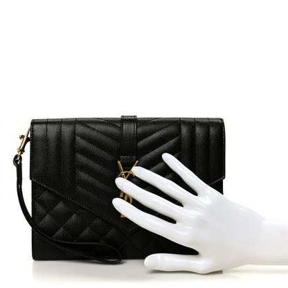 Saint Laurent Grain De Poudre Textured Mixed Matelasse Triquilt Monogram Clutch Black 2 of 9
