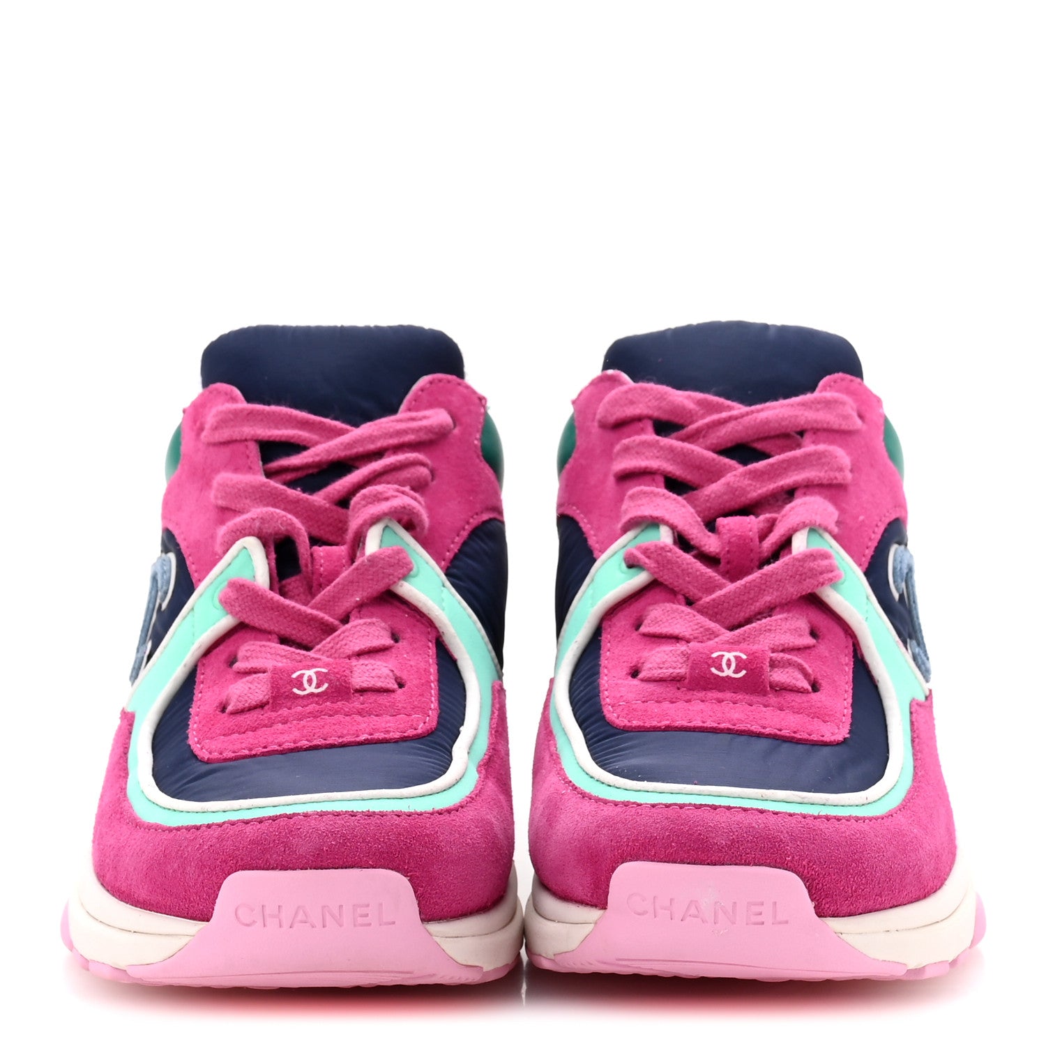 Chanel Nylon Calfskin Suede CC Sneakers 35 Pink Green 3 of 9