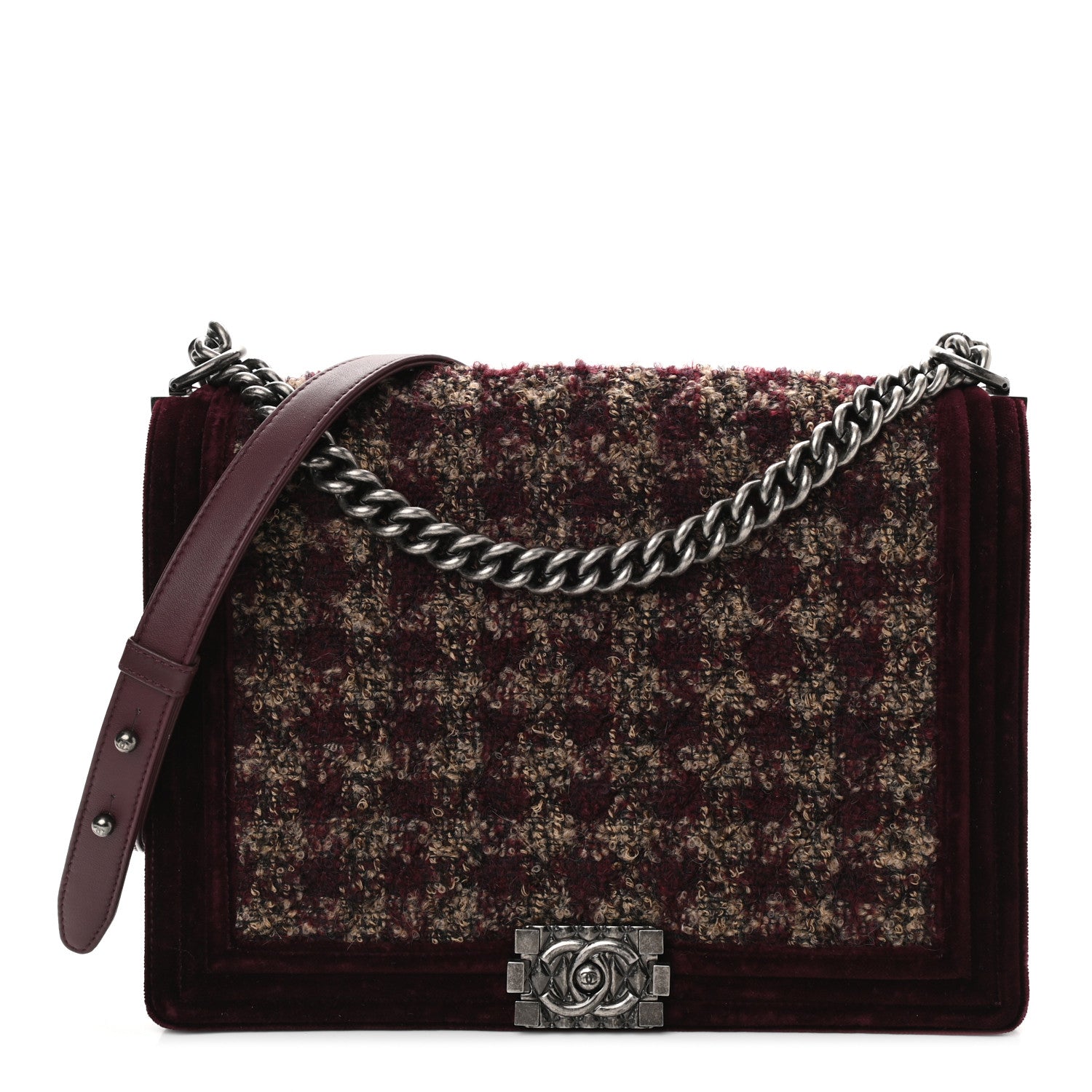 Chanel Velvet Tweed Large Boy Flap Burgundy 1 of 9
