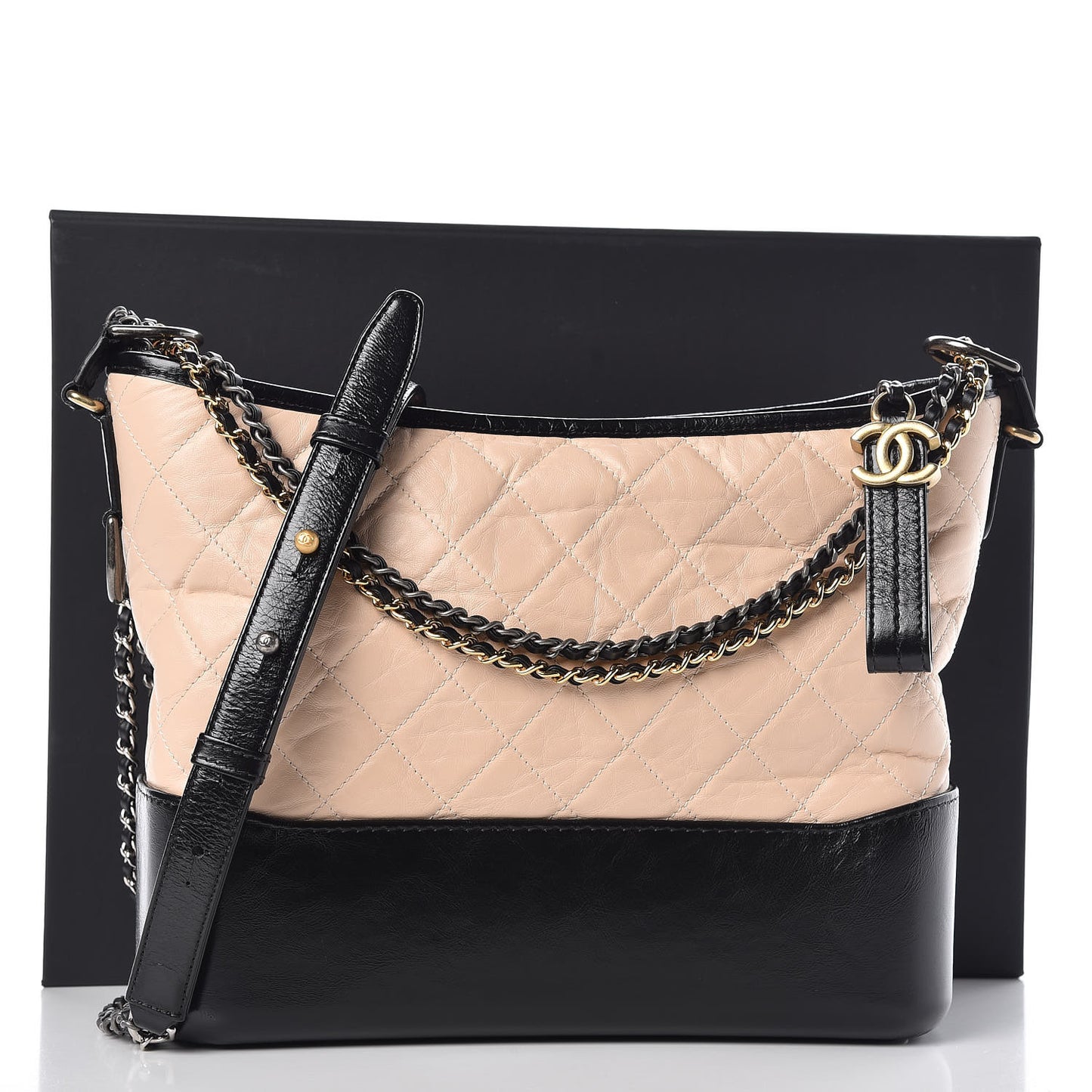 Aged Calfskin Quilted Medium Gabrielle Hobo Beige Black