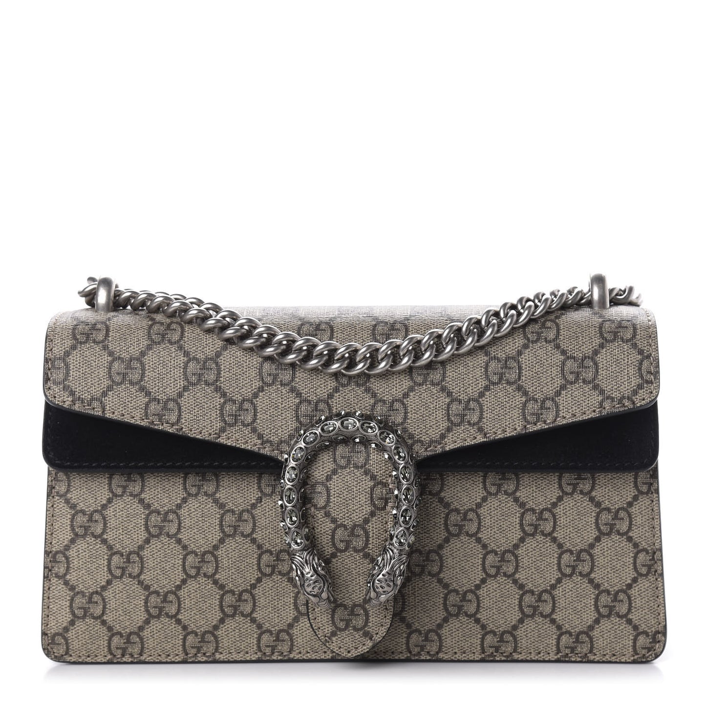 GG Supreme Monogram Suede Crystal Small Dionysus Shoulder Bag Beige Ebony Black