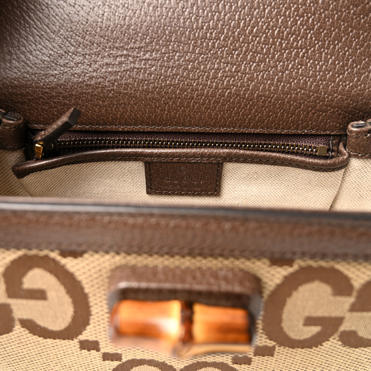 Gucci Monogram Jumbo GG Textured Dollar Calfskin Web Small Bamboo 1947 Top Handle Bag Camel Ebony New Acero 7 of 12