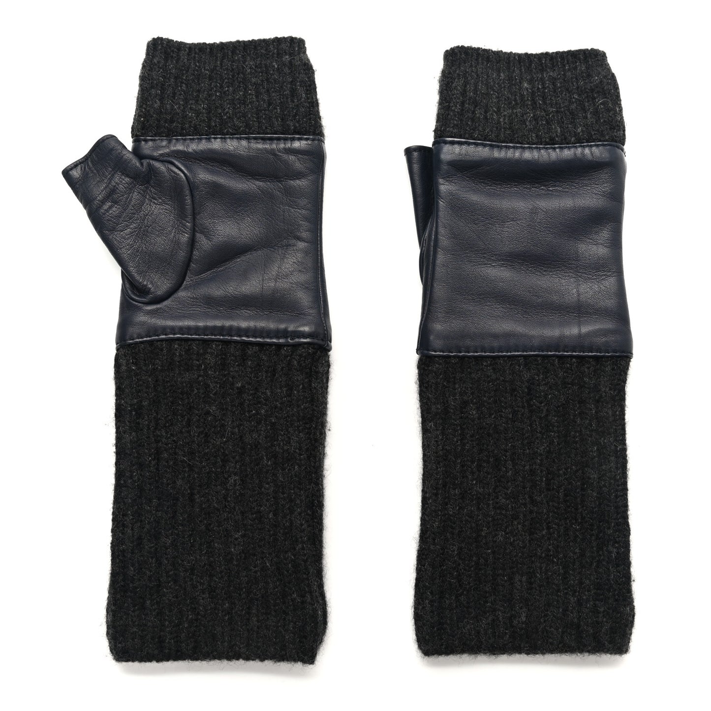 Wool Lambskin Fingerless Gloves 7.5 Navy Dark Grey